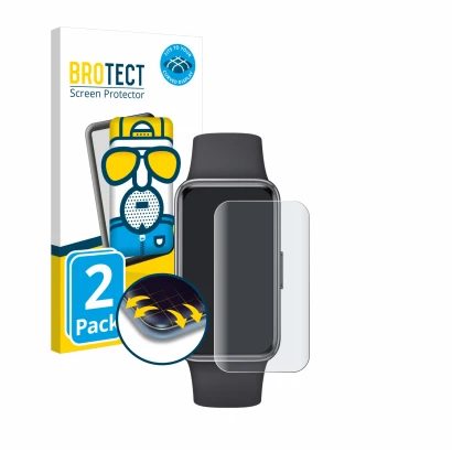 Face avant d’un emballage produit avec le logo de la marque BROTECT. À côté, l’appareil Huawei Band 9 est représenté avec la p