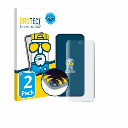 Face avant d’un emballage produit avec le logo de la marque BROTECT. À côté, l’appareil Google Pixel 9 Pro est représenté avec