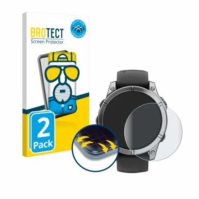 Face avant d’un emballage produit avec le logo de la marque BROTECT. À côté, l’appareil Garmin Fenix E est représenté avec la