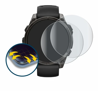 Image de l'appareil Garmin Fenix 8 AMOLED (47 mm) avec une grande variété de protections d'écran.