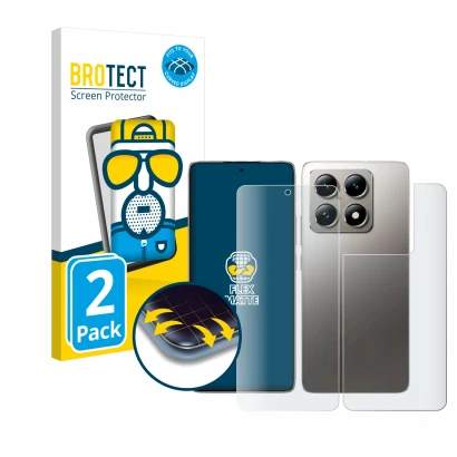 Face avant d’un emballage produit avec le logo de la marque BROTECT. À côté, l’appareil Xiaomi 14T (Avant+Arrière) est représe