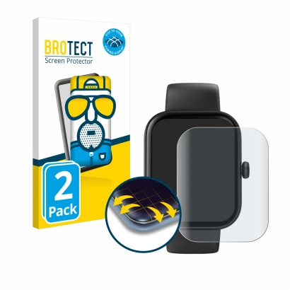 Face avant d’un emballage produit avec le logo de la marque BROTECT. À côté, l’appareil Hama Fit Watch 5000 est représenté ave