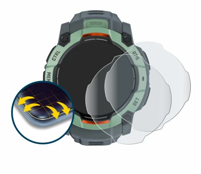 Image de l'appareil Garmin Instinct 3 AMOLED (45 mm) avec une grande variété de protections d'écran.