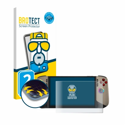 Face avant d’un emballage produit avec le logo de la marque BROTECT. À côté, l’appareil MSI Claw 8 AI+ est représenté avec la