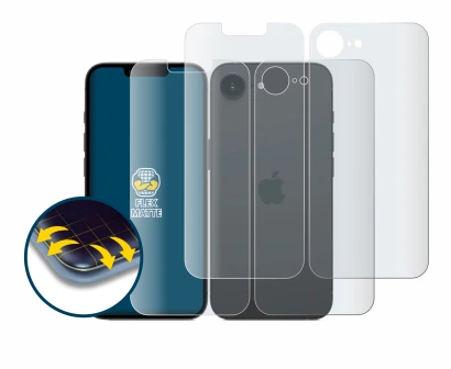 Image de l'appareil Apple iPhone 16e (Avant+Arrière) avec une grande variété de protections d'écran.