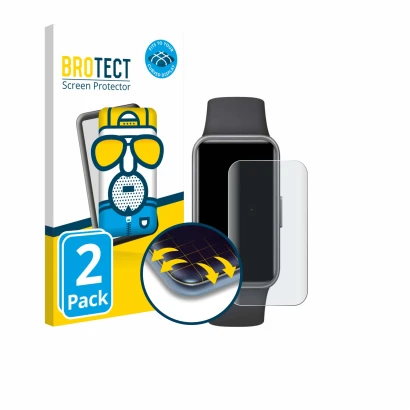 Face avant d’un emballage produit avec le logo de la marque BROTECT. À côté, l’appareil Huawei Band 10 est représenté avec la 