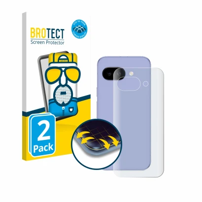 Face avant d’un emballage produit avec le logo de la marque BROTECT. À côté, l’appareil Google Pixel 9a (Arrière) est représen