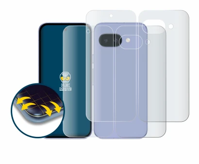 Image de l'appareil Google Pixel 9a (Avant+Arrière) avec une grande variété de protections d'écran.
