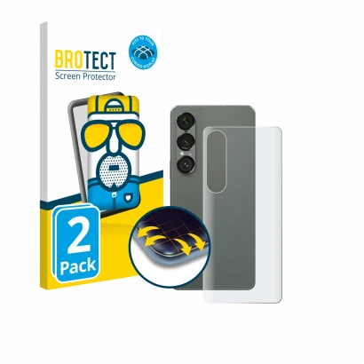 Face avant d’un emballage produit avec le logo de la marque BROTECT. À côté, l’appareil Sony Xperia 1 VII (Arrière) est représ