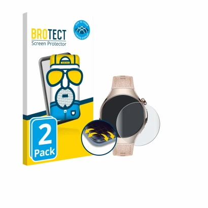 Face avant d’un emballage produit avec le logo de la marque BROTECT. À côté, l’appareil Huawei Watch 5 (42 mm) est représenté