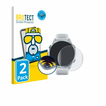 Face avant d’un emballage produit avec le logo de la marque BROTECT. À côté, l’appareil Garmin Forerunner 570 (42 mm) est repr