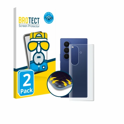 Face avant d’un emballage produit avec le logo de la marque BROTECT. À côté, l’appareil Samsung Galaxy Z Fold 7 (Arrière) est 
