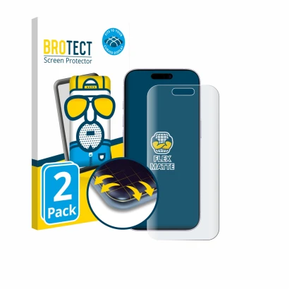 Face avant d’un emballage produit avec le logo de la marque BROTECT. À côté, l’appareil Apple iPhone 17 est représenté avec la