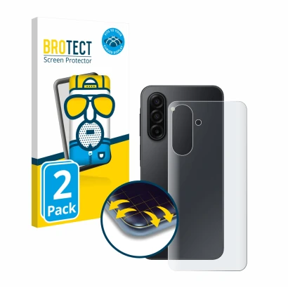 Face avant d’un emballage produit avec le logo de la marque BROTECT. À côté, l’appareil Samsung Galaxy A17 5G (Arrière) est re