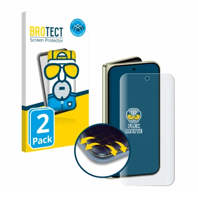 Face avant d’un emballage produit avec le logo de la marque BROTECT. À côté, l’appareil Google Pixel 10 Pro Fold est représent