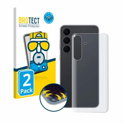 Face avant d’un emballage produit avec le logo de la marque BROTECT. À côté, l’appareil Samsung Galaxy S25 FE (Arrière) est re