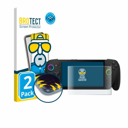 Face avant d’un emballage produit avec le logo de la marque BROTECT. À côté, l’appareil ASUS ROG Xbox Ally X est représenté av