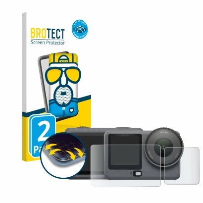 Face avant d’un emballage produit avec le logo de la marque BROTECT. À côté, l’appareil DJI Osmo Action 6 est représenté avec 