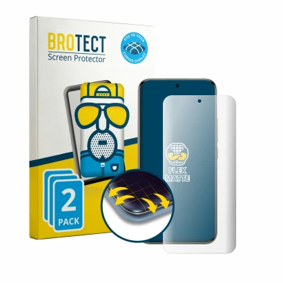 Face avant d’un emballage produit avec le logo de la marque BROTECT. À côté, l’appareil Xiaomi Redmi Note 15 Pro Plus 5G est r