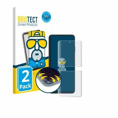 Face avant d’un emballage produit avec le logo de la marque BROTECT. À côté, l’appareil Nubia Flip 2 est représenté avec la pr