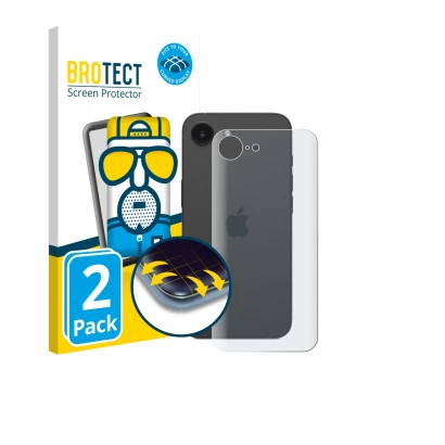 Face avant d’un emballage produit avec le logo de la marque BROTECT. À côté, l’appareil Apple iPhone 17e (Arrière) est représe