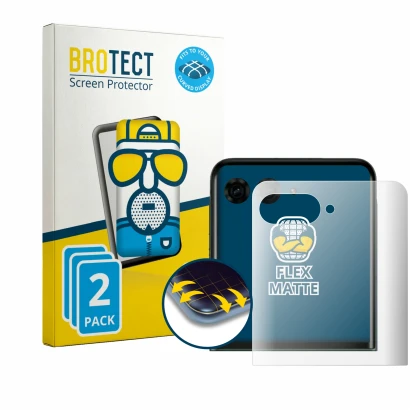 Face avant d’un emballage produit avec le logo de la marque BROTECT. À côté, l’appareil Motorola Razr 70 Plus (Affichage arriè