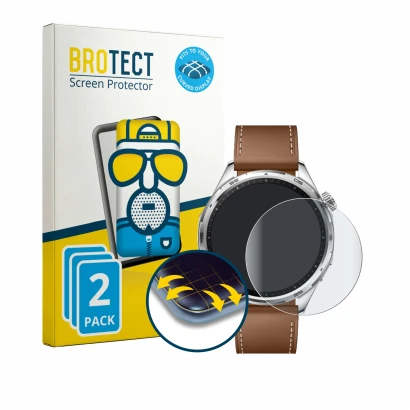 Face avant d’un emballage produit avec le logo de la marque BROTECT. À côté, l’appareil Honor Watch 6 est représenté avec la p