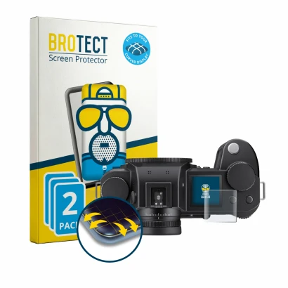 Face avant d’un emballage produit avec le logo de la marque BROTECT. À côté, l’appareil Leica SL3-P (affichage des épaules) es