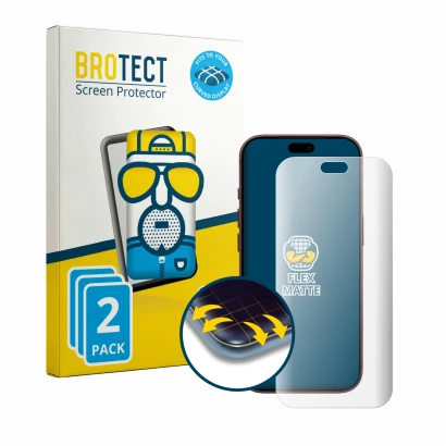 Face avant d’un emballage produit avec le logo de la marque BROTECT. À côté, l’appareil Apple iPhone 18 Pro est représenté ave