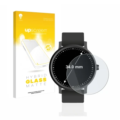 Face avant d’un emballage produit avec le logo de la marque upscreen. À côté, l’appareil Montres (Circulaire, ø: 34 mm) est re