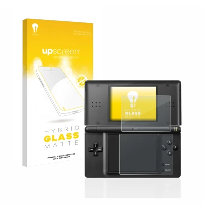 Face avant d’un emballage produit avec le logo de la marque upscreen. À côté, l’appareil Nintendo DS LITE est représenté avec 