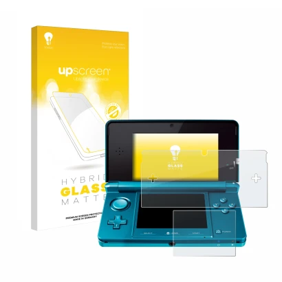 Face avant d’un emballage produit avec le logo de la marque upscreen. À côté, l’appareil Nintendo 3DS est représenté avec la p
