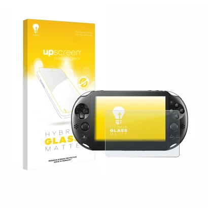 Face avant d’un emballage produit avec le logo de la marque upscreen. À côté, l’appareil Sony Playstation PS Vita Slim est rep