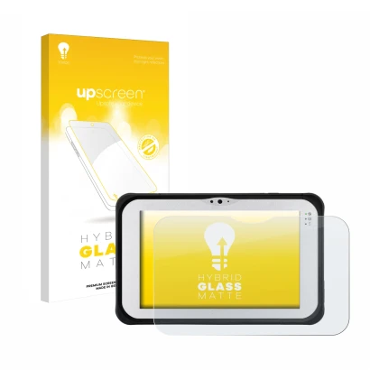 Face avant d’un emballage produit avec le logo de la marque upscreen. À côté, l’appareil Panasonic Toughpad FZ-M1 est représen