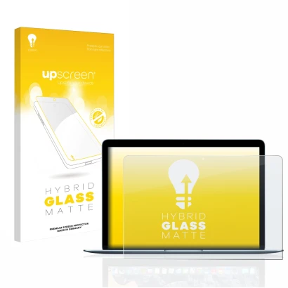 Face avant d’un emballage produit avec le logo de la marque upscreen. À côté, l’appareil Apple MacBook 12" (Début 2015) est re