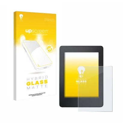Face avant d’un emballage produit avec le logo de la marque upscreen. À côté, l’appareil Amazon Kindle Paperwhite 2015 (7ème G