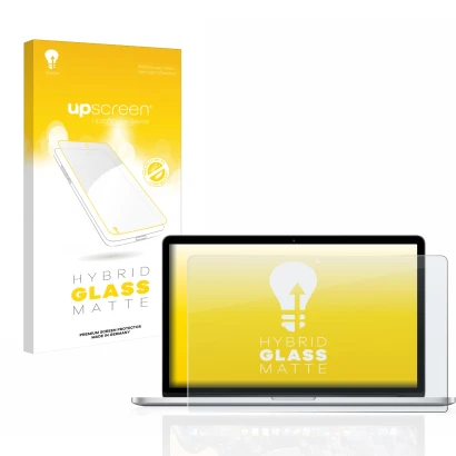 Face avant d’un emballage produit avec le logo de la marque upscreen. À côté, l’appareil Apple MacBook Pro Retina 15