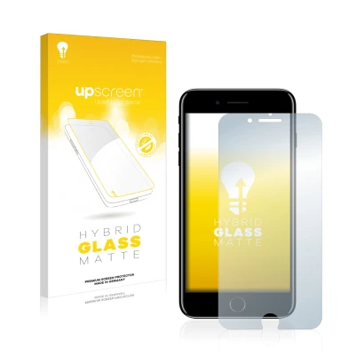 Face avant d’un emballage produit avec le logo de la marque upscreen. À côté, l’appareil Apple iPhone 7 Plus est représenté av