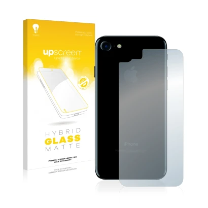 Face avant d’un emballage produit avec le logo de la marque upscreen. À côté, l’appareil Apple iPhone 7 Le dos (toute la surfa