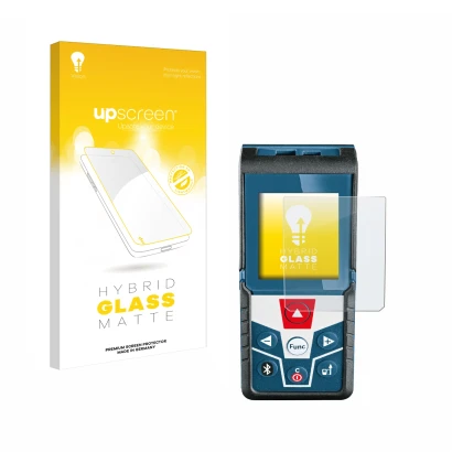 Face avant d’un emballage produit avec le logo de la marque upscreen. À côté, l’appareil Bosch GLM 50 C Professional est repré