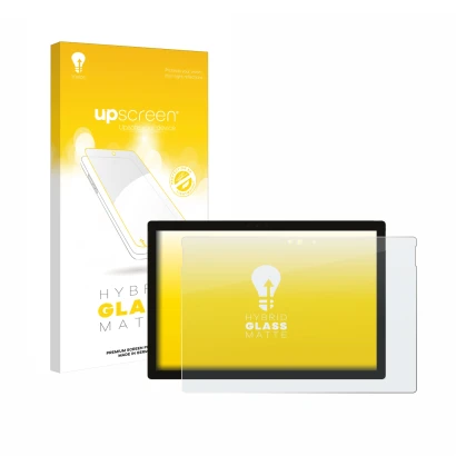 Face avant d’un emballage produit avec le logo de la marque upscreen. À côté, l’appareil Microsoft Surface Pro 5 2017 est repr