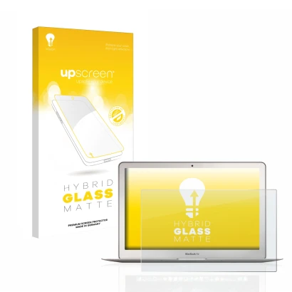 Face avant d’un emballage produit avec le logo de la marque upscreen. À côté, l’appareil Apple MacBook Air 13" (Début 2015) es