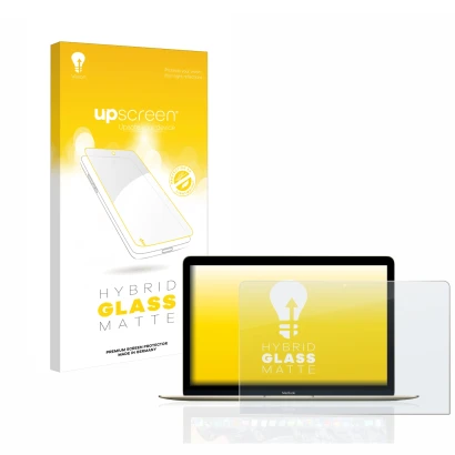 Face avant d’un emballage produit avec le logo de la marque upscreen. À côté, l’appareil Apple MacBook Retina 12" (Début 2016)