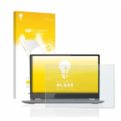 Face avant d’un emballage produit avec le logo de la marque upscreen. À côté, l’appareil Lenovo Yoga 530 est représenté avec l