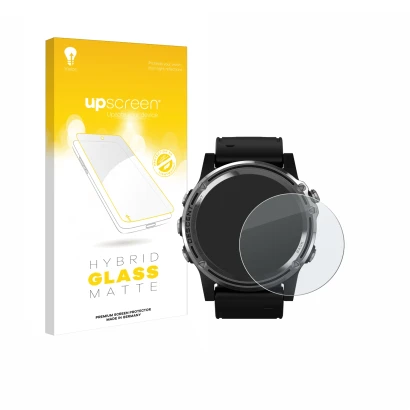 Face avant d’un emballage produit avec le logo de la marque upscreen. À côté, l’appareil Garmin Descent Mk1 est représenté ave