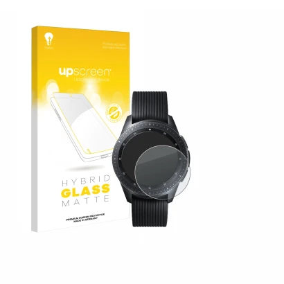 Face avant d’un emballage produit avec le logo de la marque upscreen. À côté, l’appareil Samsung Galaxy Watch (42 mm) est repr