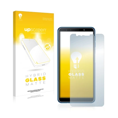Face avant d’un emballage produit avec le logo de la marque upscreen. À côté, l’appareil Samsung Galaxy A7 2018 est représenté