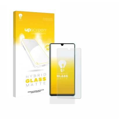 Face avant d’un emballage produit avec le logo de la marque upscreen. À côté, l’appareil Huawei P30 est représenté avec la pro