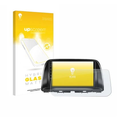 Face avant d’un emballage produit avec le logo de la marque upscreen. À côté, l’appareil Mazda CX-5 2017 Infotainment System e