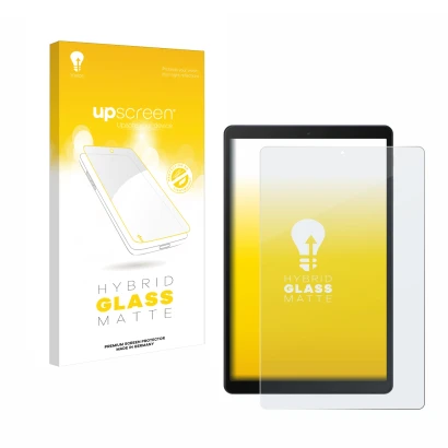 Face avant d’un emballage produit avec le logo de la marque upscreen. À côté, l’appareil Samsung Galaxy Tab A 10.1 WiFi 2019 e